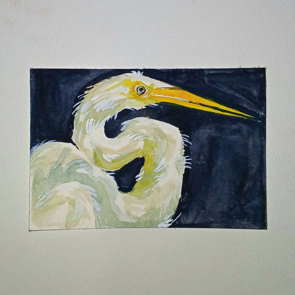 ACEO Egret Original Watercolor Painting Signed 3.5 X 2.5 inches