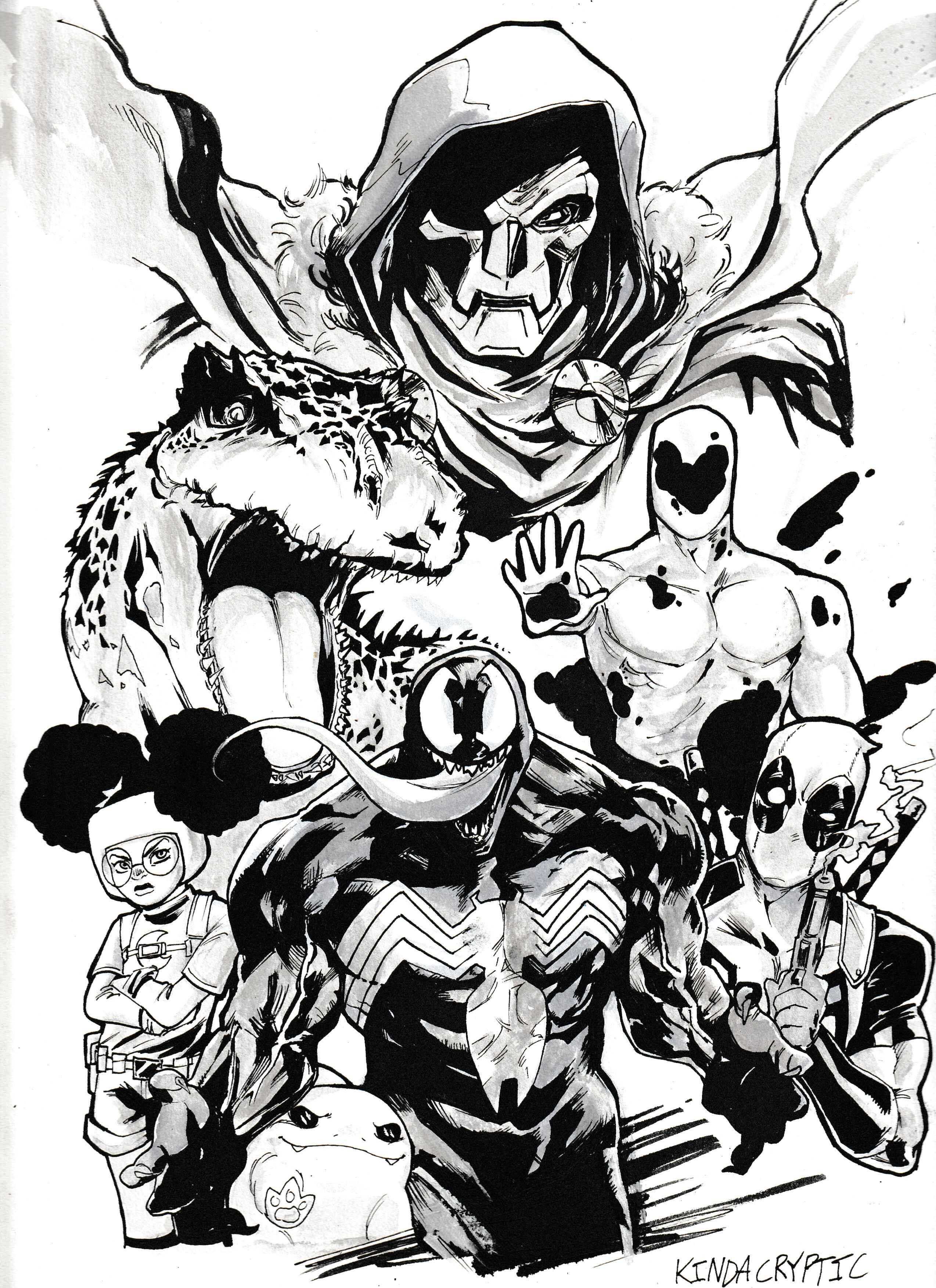 Original Signed 9" x 12" B&W Illustration Of Marvel Characters I like