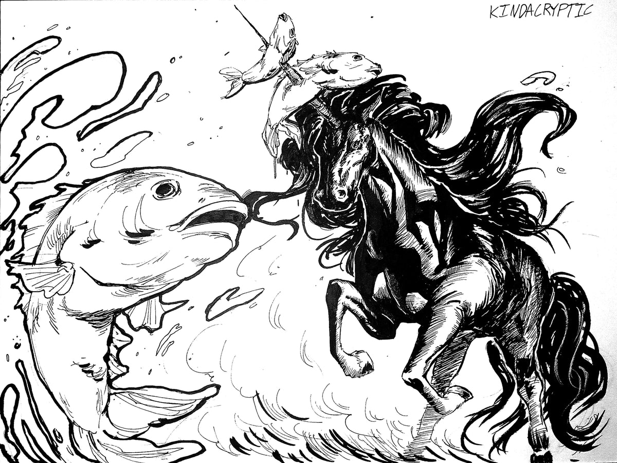 Original Signed 9" x 12" B&W Illustration "Unicorn Fishing"